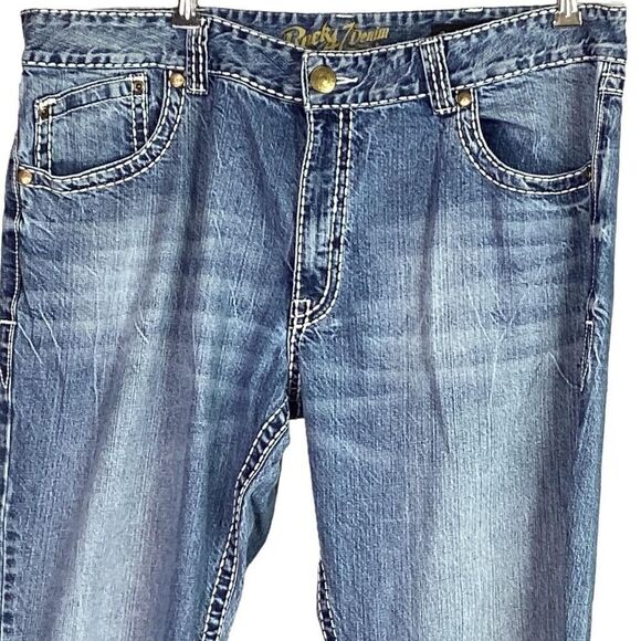 Wrangler Rock 47 Jeans Men 40X34 Blue Western Embroidery Bootcut Frayed Creased - Picture 2 of 10